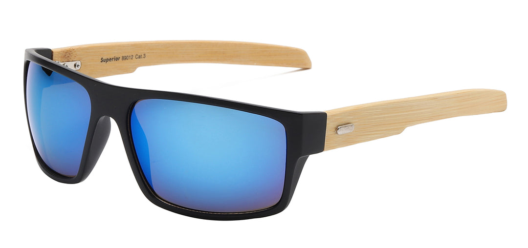 Superior 8SUP89012 Sporty Square Wrap with Eco-Friendly Bamboo Temple Unisex Sunglasses