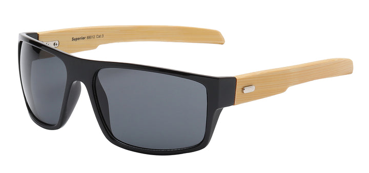 Superior 8SUP89012 Sporty Square Wrap with Eco-Friendly Bamboo Temple Unisex Sunglasses