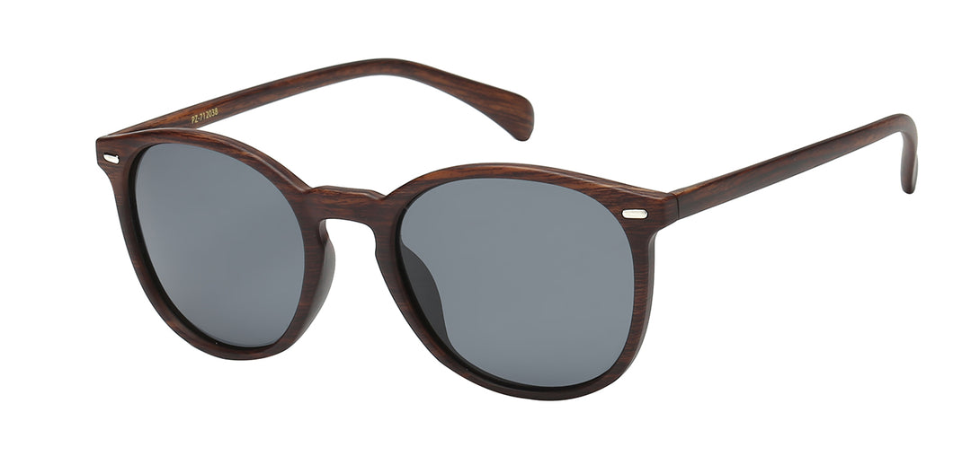 Polarized American Classic PZ-712038 Classy Retro Keyhole Round Wood Grain Frame Unisex Sunglasses