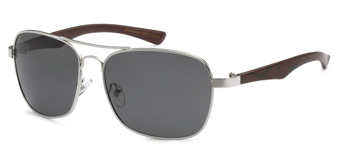 Manhattan Polarized PZ-MH88040 Classy Square Aviator Wood Grain Print Temple Unixes Shades