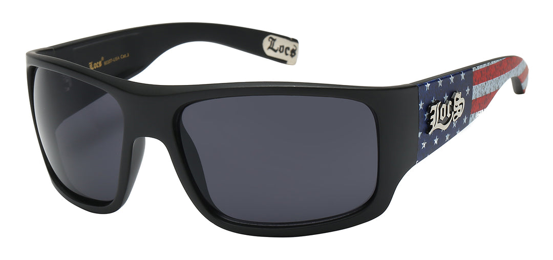 Locs 8LOC91107-USA Large Thick Shiny Black Frame with US Flag Temple Wrap Sunglasses