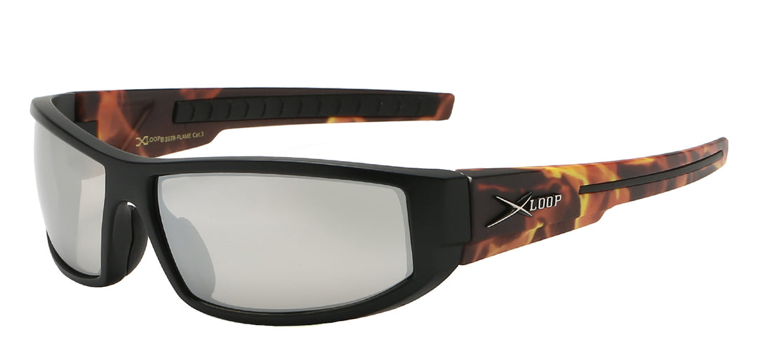 XLoop 8X2578-FLAME Sizzling Contour Sport Wrap with Flame Print Temple Unisex Sunglasses