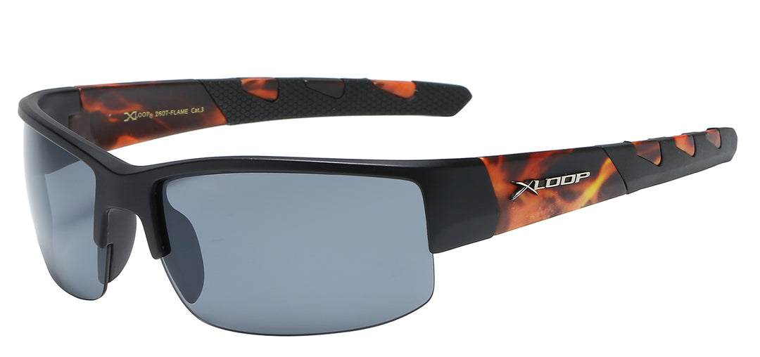 XLoop 8X2607-FLAME Flame Printed Temple Polymer Semi Rimless Wrap Unisex Shades